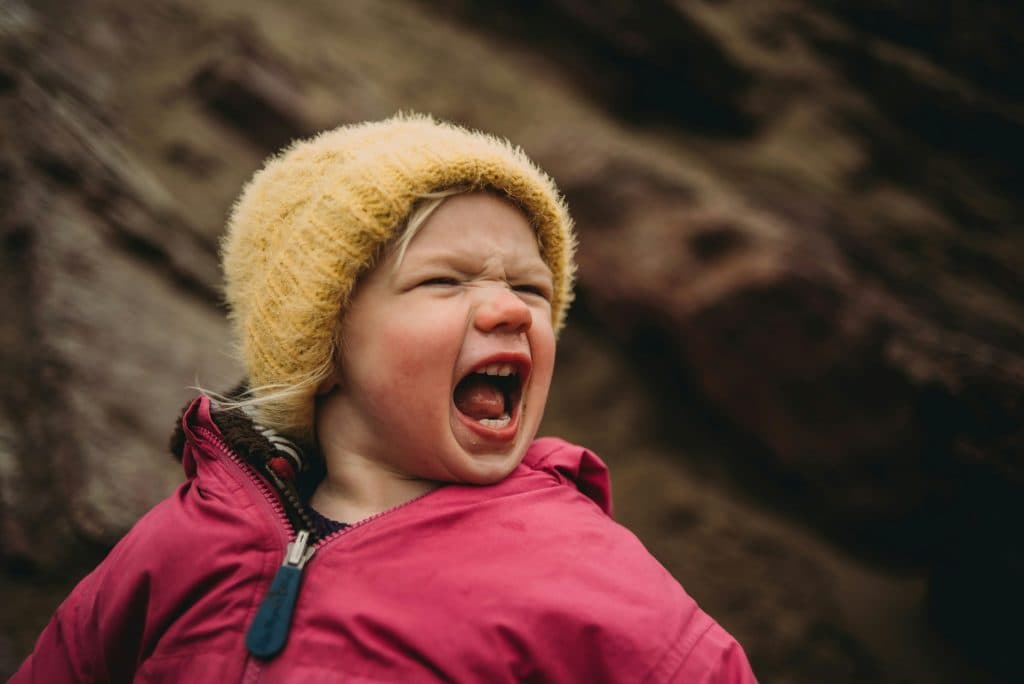 Une enfant avec une veste rose et un bonnet beige hurle. Elle a peut-être un comportement dysfonctionnel qui l'empêche de réguler sa frustration.