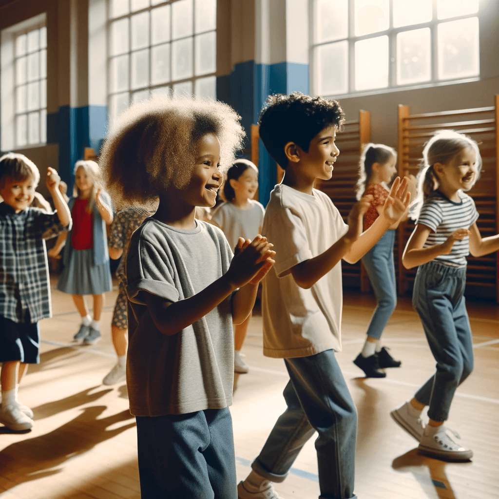 enfants qui dansent dans un gymnase scolaire