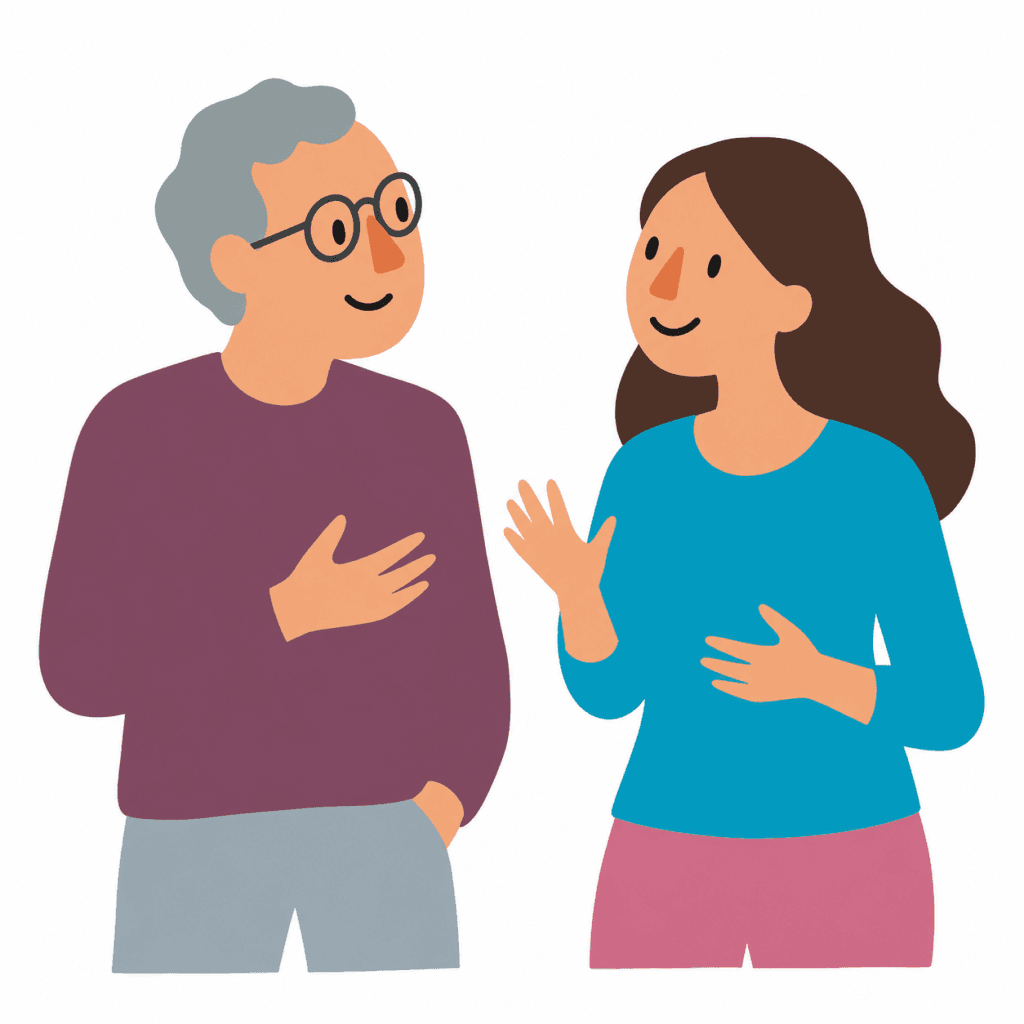 Deux adultes échangeant par des gestes dans un cadre familial