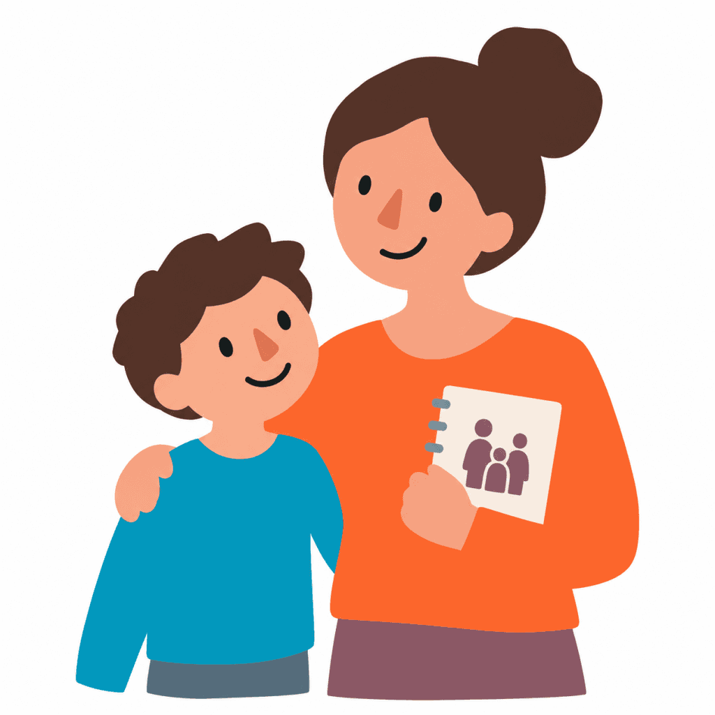Parent avec son enfant et un carnet évoquant l’accompagnement familial