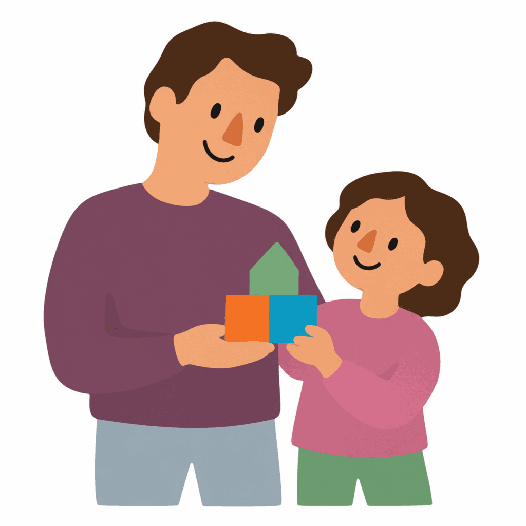 Parent et enfant présentant une petite construction