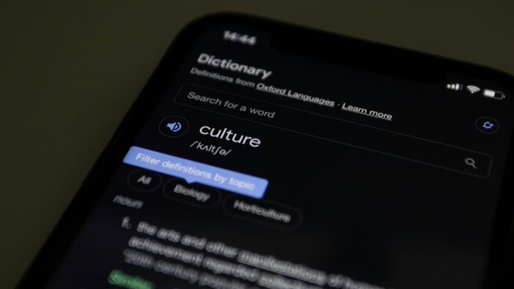 La définition de culture est visible sur un écran de smartphone. Ceci représente l'accès au langage et à l'écrit.