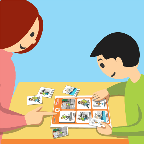 image d'une adulte qui accompagne un enfant à jouer le jeu "mon loto Pik-Aye"